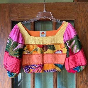 🌺 FARM RIO 🌺 Tiered Rainbow Mixed Print Linen Multicolor Puff Sleeve crop